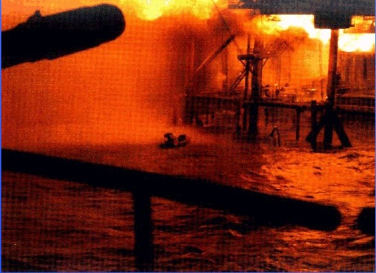 The Piper Alpha with fire in full blaze.