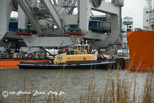 Tug alongside M/V Tern with four post panamax cranes