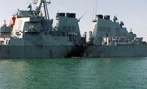 Port side view showing the damage sustained by the Arleigh Burke class guided missile destroyer USS Cole (DDG 67) on October 12, 2000. Photo: DoD