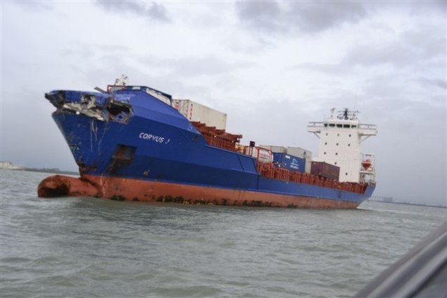 The Corvus J after colliding with the Baltic Ace car carrier near Rotterdam. 