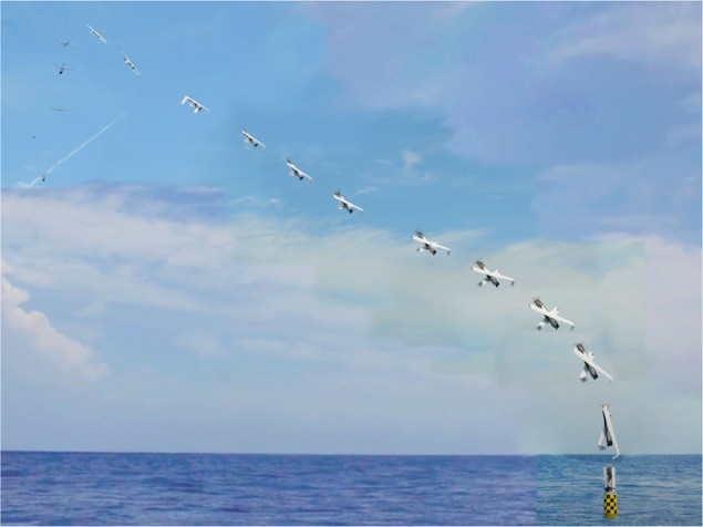 Deployed from the submerged submarine USS Providence, the NRL developed XFC unmanned aircraft is vertically launched from a 'Sea Robin' launch vehicle (bottom right). The folding wing UAS autonomously deploys its X-wing airfoil and after achieving a marginal altitude, assumes horizontal flight configuration. (Photo: NAVSEA-AUTEC)