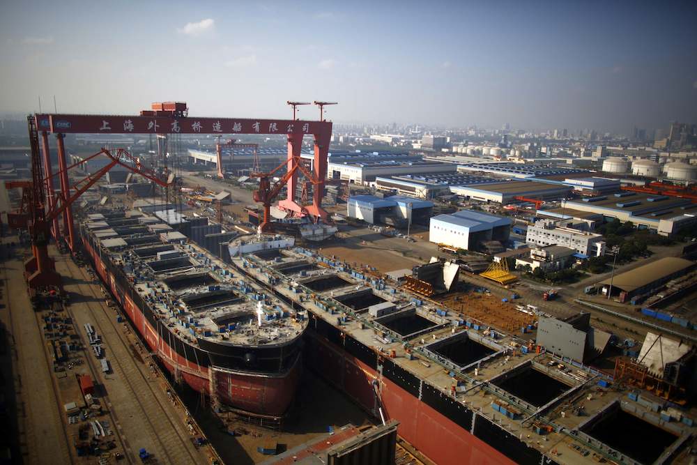 A vessel is seen under construction at the Waigaoqiao shipyard in Shanghai November 5, 2013. REUTERS/Carlos Barria