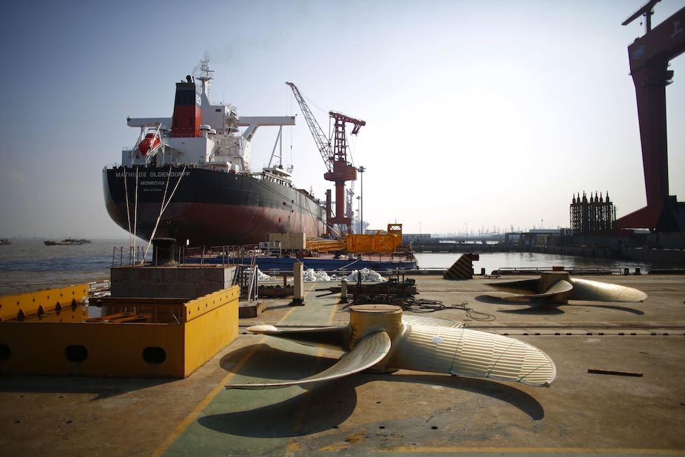 A vessel under construction is seen at the Waigaoqiao shipyard in Shanghai November 5, 2013. REUTERS/Carlos Barria