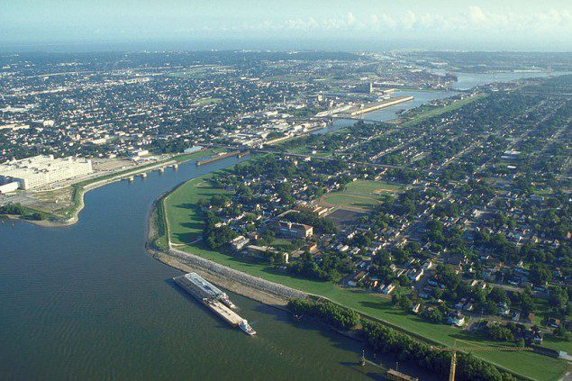 The Inner Harbor Navigation Canal (IHNC), commonly known as the Industrial Canal, in New Orleans, Louisiana, where it meets the Mississippi pictured lower