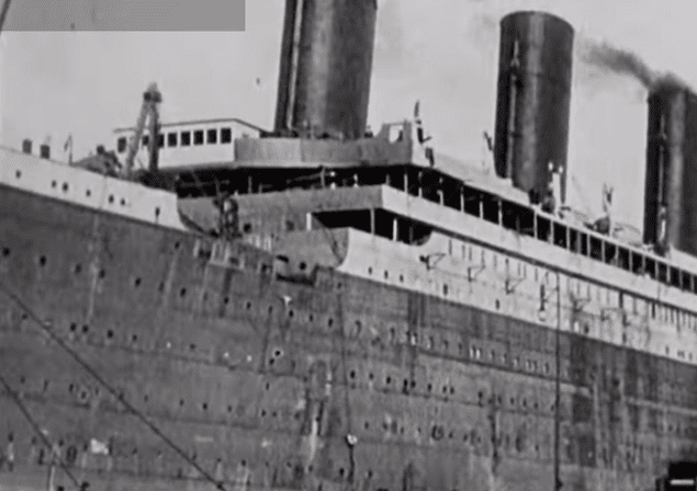 The Titanic as it departed Belfast in 1912. Still image from video courtesy of British Pathe 
