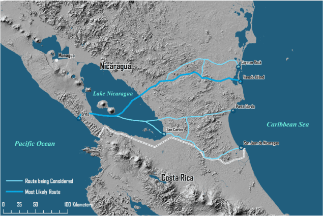 Proposed routes for the Nicaraguan Canal. Map courtesy Hoftra.edu
