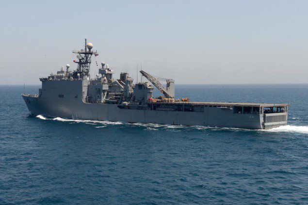 The amphibious dock landing ship USS Gunston Hall (LSD 44) underway in the Arabian Gulf. U.S. Navy file photo.