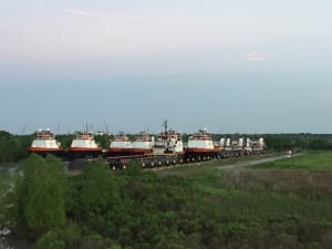 Stacked Hornbeck OSVs hidden away in a Louisiana bayou.