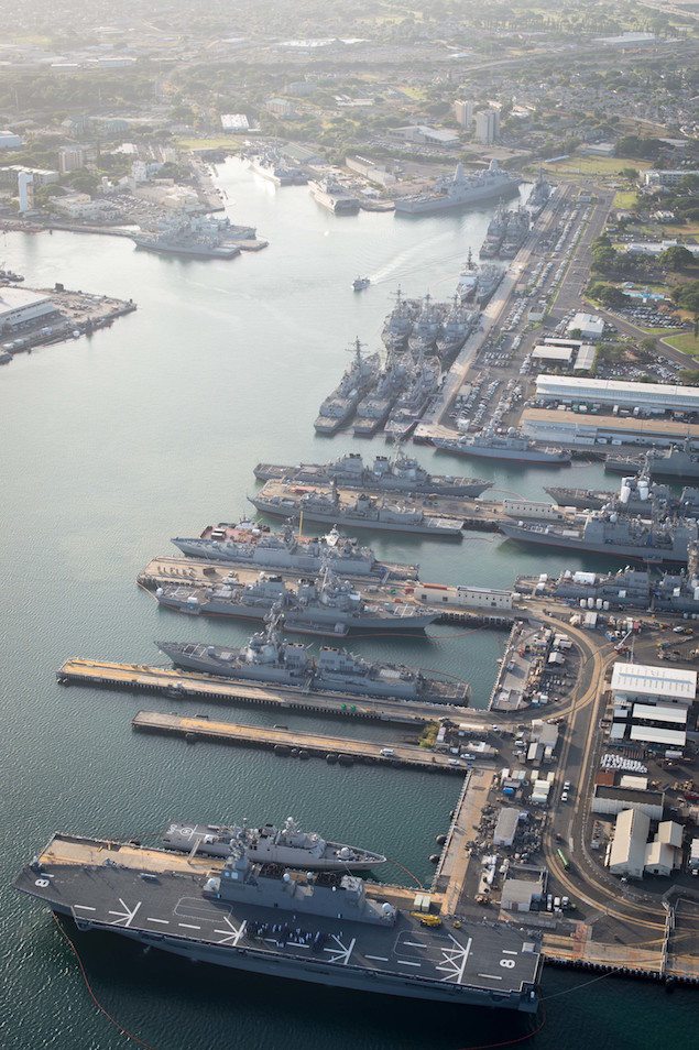 160701-N-SI773-291 JOINT BASE PEARL HARBOR-HICKHAM (July 1, 2016) An aerial view of ships moored at Joint Base Pearl Harbor-Hickam for Rim of the Pacific 2016. Twenty-six nations, more than 40 ships and submarines, more than 200 aircraft, and 25,000 personnel are participating in RIMPAC from June 30 to Aug. 4, in and around the Hawaiian Islands and Southern California. The world's largest international maritime exercise, RIMPAC provides a unique training opportunity that helps participants foster and sustain the cooperative relationships that are critical to ensuring the safety of sea lanes and security on the world's oceans. RIMPAC 2016 is the 25th exercise in the series that began in 1971. (U.S. Navy Combat Camera photo by Mass Communication Specialist First Class Ace Rheaume/Released)