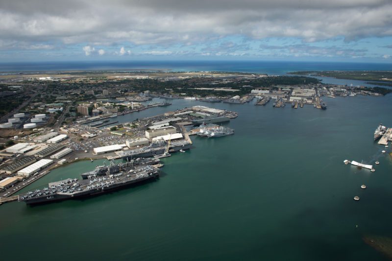 160706-N-SI773-115 JOINT BASE PEARL HARBOR-HICKAM (July 6, 2016) An aerial view of ships moored at Joint Base Pearl Harbor-Hickam for Rim of the Pacific 2016. Twenty-six nations, more than 40 ships and submarines, more than 200 aircraft, and 25,000 personnel are participating in RIMPAC from June 30 to Aug. 4, in and around the Hawaiian Islands and Southern California. The world's largest international maritime exercise, RIMPAC provides a unique training opportunity that helps participants foster and sustain the cooperative relationships that are critical to ensuring the safety of sea lanes and security on the world's oceans. RIMPAC 2016 is the 25th exercise in the series that began in 1971. (U.S. Navy Combat Camera photo by Mass Communication Specialist First Class Ace Rheaume/Released)