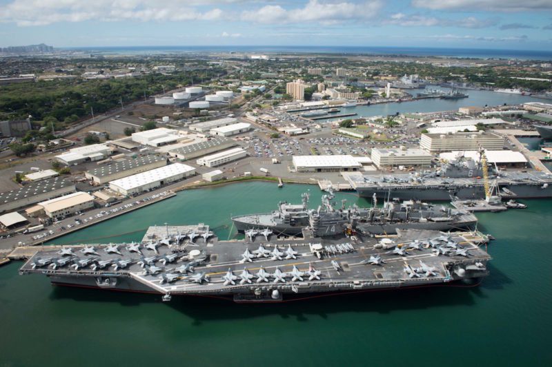 160706-N-SI773-499 JOINT BASE PEARL HARBOR-HICKAM (July 6, 2016) An aerial view of ships moored at Joint Base Pearl Harbor-Hickam for Rim of the Pacific 2016. Twenty-six nations, more than 40 ships and submarines, more than 200 aircraft, and 25,000 personnel are participating in RIMPAC from June 30 to Aug. 4, in and around the Hawaiian Islands and Southern California. The world's largest international maritime exercise, RIMPAC provides a unique training opportunity that helps participants foster and sustain the cooperative relationships that are critical to ensuring the safety of sea lanes and security on the world's oceans. RIMPAC 2016 is the 25th exercise in the series that began in 1971. (U.S. Navy Combat Camera photo by Mass Communication Specialist First Class Ace Rheaume/Released)