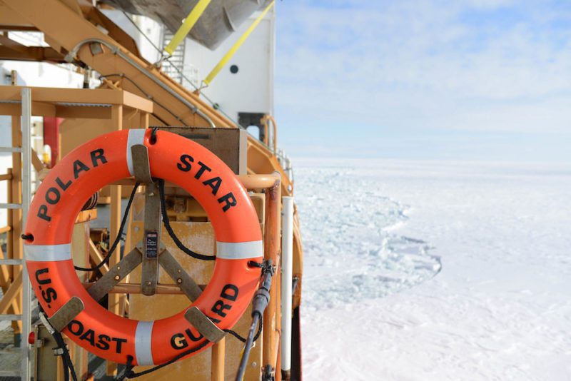 A ring buoy sits at the ready as the crew of the Coast Guard Cutter Polar Star conducts icebreaking operations off the coast of Antarctica, Jan. 16, 2017. Homeported in Seattle, the Polar Star is the Coast Guard’s only operational heavy icebreaker. (U.S. Coast Guard photo by Chief Petty Officer David Mosley)
