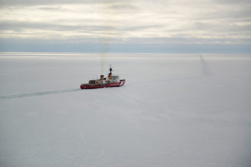 The Coast Guard Cutter Polar Star (WAGB-10) and crew create a navigable channel through the frozen Ross Sea off of Antarctica, Jan. 16, 2017. The 399-foot icebreaker is the Coast Guard’s only operational heavy icebreaker capable of conducting Antarctic icebreaking operations. (U.S. Coast Guard photo by Chief Petty Officer David Mosley)