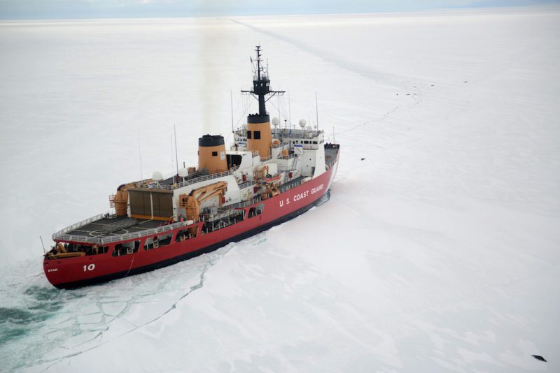 The Coast Guard Cutter Polar Star cuts through Antarctic ice in the Ross Sea near a large group of seals as the ship’s crew creates a navigation channel for supply ships, Jan. 16, 2017. The resupply channel is an essential part of the yearly delivery of essential supplies to the National Science Foundation’s McMurdo Station. (U.S. Coast Guard photo by Chief Petty Officer David Mosley)