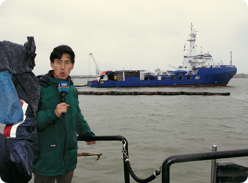 5 Korean News network SBS does a standup in front of the Maine Responder