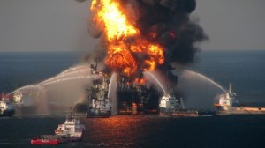 The Deepwater Horizon oil rig burns in the Gulf of Mexico in April 2010. 