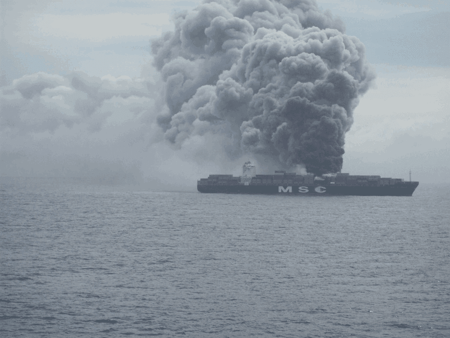 The MSC Flaminia containership on fire in the mid-Atlantic in 2012.