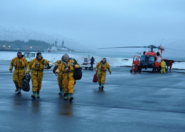 Crewmembers of the mobile drilling unit Kulluk arrive safely at Air Station Kodiak after being airlifted by a Coast Guard MH-60 Jayhawk helicopter crew from the vessel 80 miles southwest of Kodiak, Saturday, Dec. 28, 2012. A total of 18 crewmembers of the mobile drilling unit were airlifted to safety after they suffered issues and setbacks with the tug and tow. U.S. Coast Guard photo by Petty Officer 3rd Class Jonathan Klingenberg.