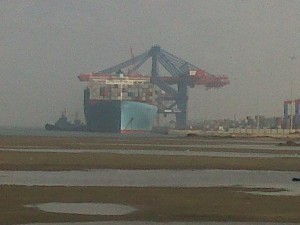The Emma Maersk berthed at the Suez Canal Container Terminal (SCCT) Saturday. Image: Maersk Line Facebook page