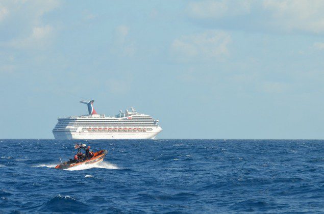 A Coast Guard Cutter Vigorous small boat patrols near the cruise ship Carnival Triumph in the Gulf of Mexico, Feb. 11, 2013. U.S. Coast Guard photo