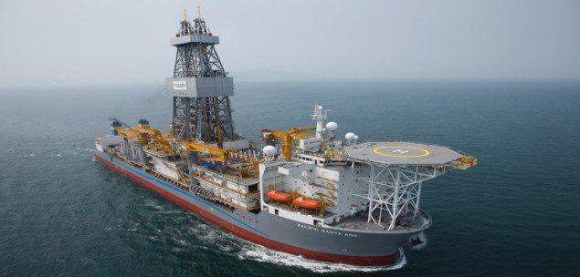 The Pacific Santa Ana commenced its 5 year contract with a Chevron subsidiary on March 21, 2012, and began operations in the U.S. Gulf of Mexico on May 4, 2012. The drillship can drill to a depth of 40,000 feet. Image: Pacific Drilling