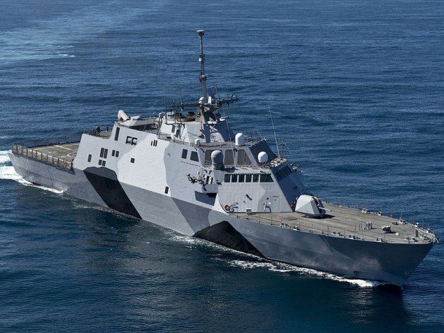USS Freedom (LCS-1) shows off her new camouflage scheme on sea trials in February 2013 before her first deployment