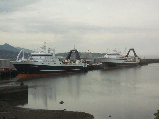 File photo of American Seafoods Company's American Triumph (left) and American Dynasty (right), docked at Bellingham Cold Storage in Bellingham, Washington.
