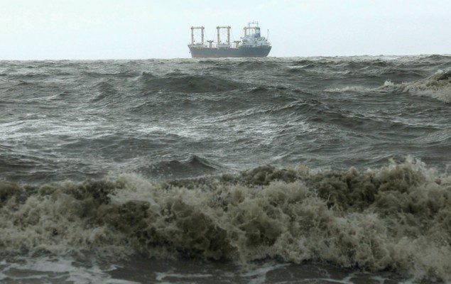 A ship is seen from the shore of the Bay of Bengal before cyclone Mahasen approaches in Chittagong May 16, 2013. REUTERS/Andrew Biraj