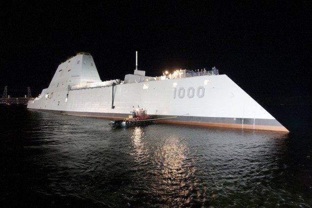BATH, Maine (Oct. 28, 2013) The Zumwalt-class guided-missile destroyer DDG 1000 is floated out of dry dock at the General Dynamics Bath Iron Works shipyard. U.S. Navy Photo