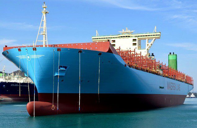Maersk Line’s first Triple-E class containership with a fresh coat of paint at the DSME shipyard in Okpo, South Korea. Image Maersk Line