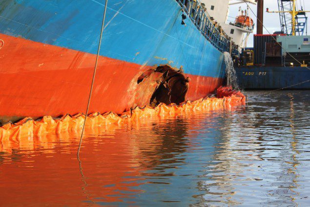 One of two holes that took down the MV Siderfly in Germany's Kiel Canal. Image courtesy CCME