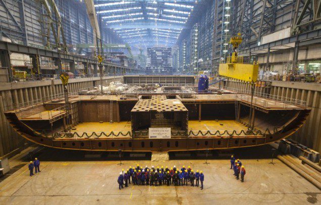 The first block of the new cruise ship Anthem of the Seas for Royal Caribbean Cruises is put in place in MEYER WERFT's building dock II. Image courtesy Meyer Werft/Royal Caribbean