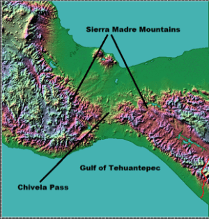 Topography of the Isthmus of Tehuantepec showing the Chivela Pass, Sierra Madre Mountains, and the Gulf of Tehuantepec. Image courtesy of John Hopkins Applied Physics Laboratory