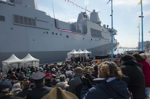 Thousands of Navy and Marine Corps supporters attend the commissioning ceremony of the San Antonio class, amphibious transport dock USS Somerset (LPD 25) March 1. U.S. Navy Photo
