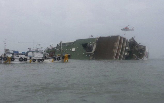 The South Korean passenger ship Sewol is seen sinking off Jindo, April 16, 2014. REUTERS/Yonhap