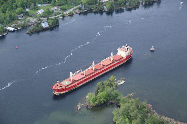 The Federal Kivalina lost power and ran aground near the Thousand Island Bridge May 27, which has suspended vessel traffic in the St. Lawrence Seaway for several days. U.S. Coast Guard Photo