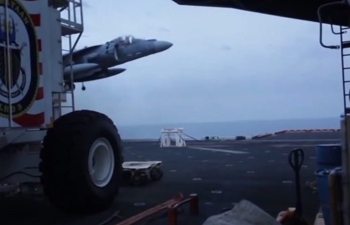 WATCH: Harrier Jet Lands on Aircraft Carrier Without Front Landing Gear