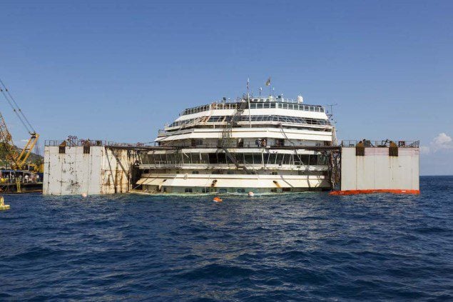 The Costa Concordia prior to the refloating operation, July 13, 2014. Photo courtesy The Parbuckling Project