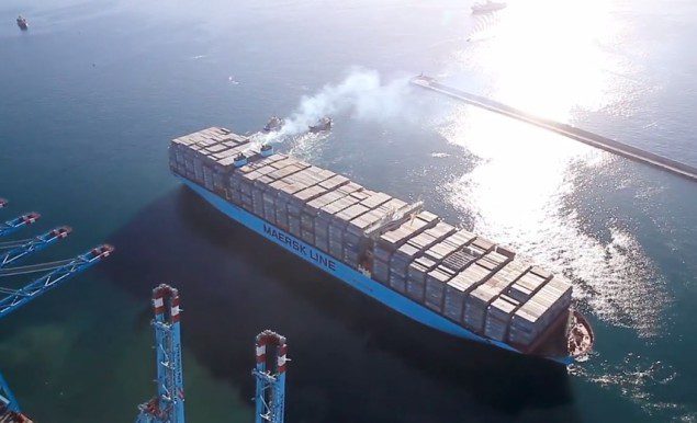 Triple-E nearly fully loaded departing Algeciras, Spain.  Photo courtesy Maersk Line