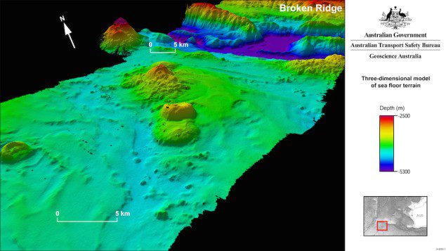 Bathymetric data models conducted in the search area have revealed newly discovered features on the sea floor, such as remnant volcanoes, ridges up to 300 meters high and canyons up to 1,400 meters deep. Graphic courtesy ATSB