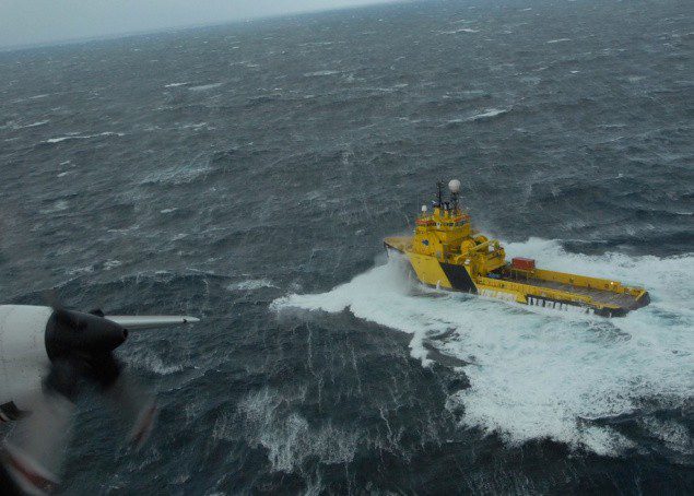 KODIAK, Alaska - The crew of the tug Tor Viking II is observed by an Air Station Kodiak HC-130 Hercules crew making 12 mph through 20 foot waves and 46 mph winds 48 miles from the 738-foot cargo vessel Golden Seas in the Bering Sea Dec. 4, 2010. The tug in en route to take the cargo vessel in tow to Dutch Harbor. U.S. Coast Guard photo by Petty Officer 1st Class Sara Francis.