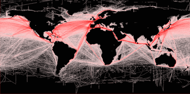 Global shipping routes crisscross the world’s oceans in this map of shipping lanes derived from a 2008 study of the human impact on marine ecosystems. Credit: Grolltech