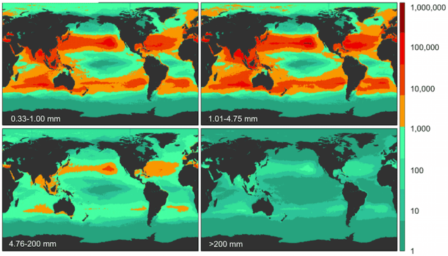 The study looked at four size classes, two microplastic 4.75 mm. Model results for global count density in four size classes. Illustration: PLOS One