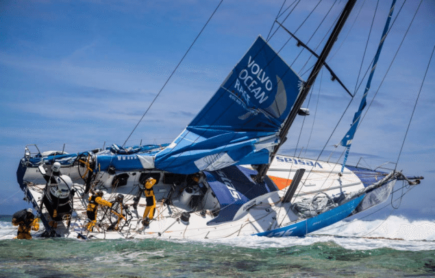 Team Vestas Wind grounded on the Cargados Carajos Shoals, Mauritius, in the Indian Ocean, November 30,2014. Photo credit: Brian Carlin/Team Vestas Wind/Volvo Ocean Race
