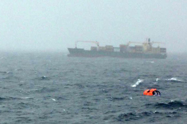 A life raft believed to be from the car ferry Norman Atlantic that burns in waters off Greece is seen in this still image from video December 28, 2014. REUTERS/Skai TV via Reuters TV