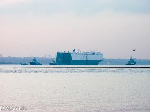 The Hoegh Osaka car carrier under tow back to Southampton, January 22, 2015. Photo (c) D.M. Smith