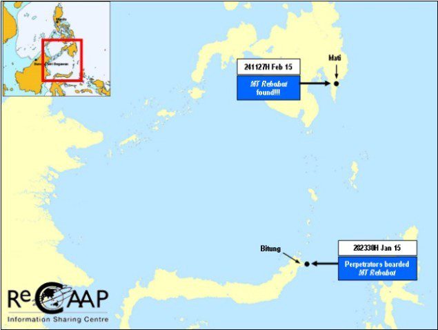 Locations of the Jan 28 boarding and Feb 24 discovery of the MT Rehobot. Map courtesy ReCAAP