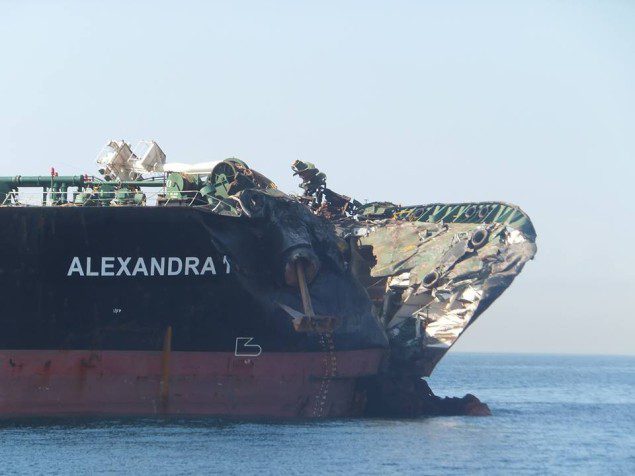 Damage to the Alexander 1 following the February 11, 2015 collision. Photo courtesy MAIB