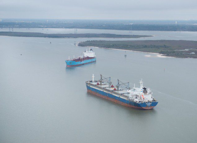 The chemical tanker Carla Maersk and the bulk carrier Conti Peridot off Morgan's Point, Texas, March 10, 2015, after being involved in a collision March 9, 2015. U.S. Coast Guard Photo