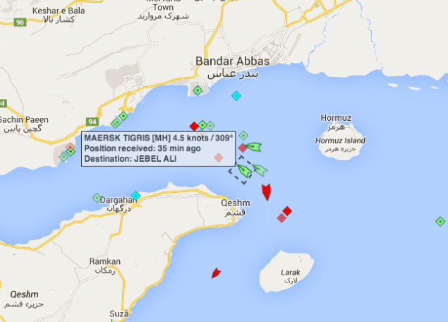 Location of MV Maersk Tigris as of 14:51 GMT, April 28, 2015. AIS data provided by MarineTraffic.com